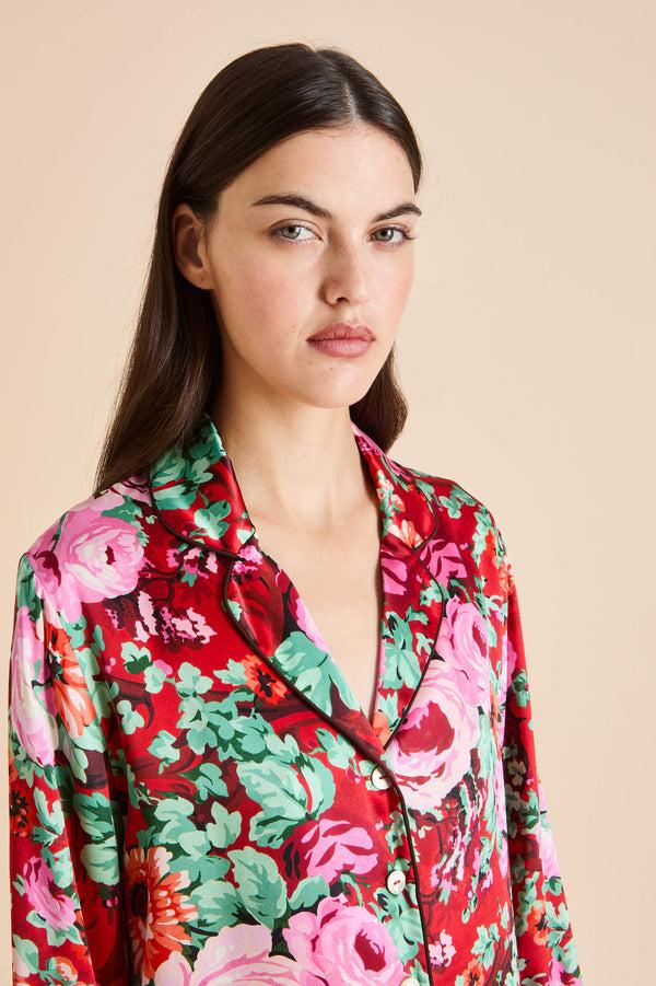 Olivia Von Halle Lila Moulin Red Floral Pajamas In Silk Satin Red
