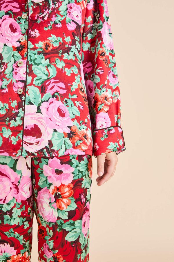 Olivia Von Halle Lila Moulin Red Floral Pajamas In Silk Satin Red
