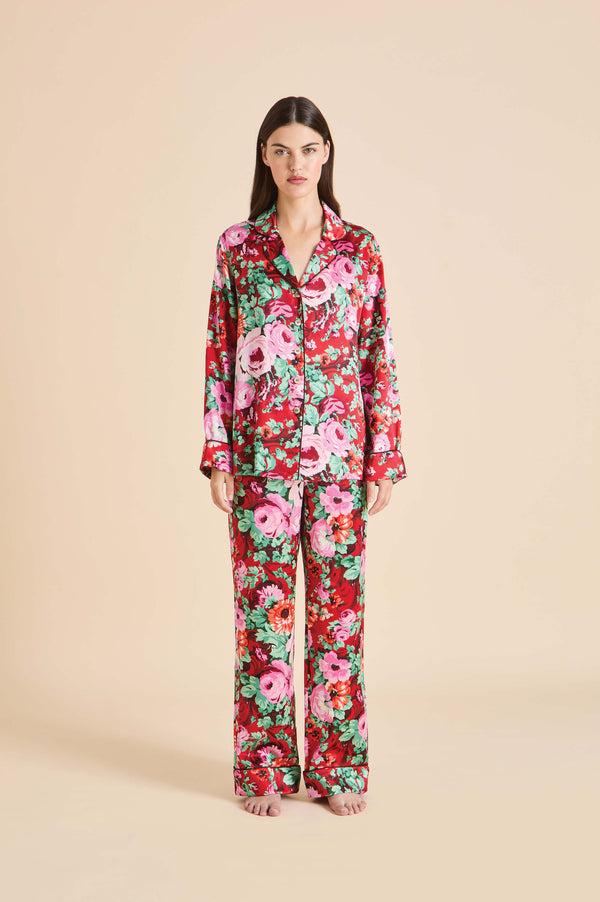 olivia von halle Lila Moulin Red Floral Pajamas in Silk Satin Red