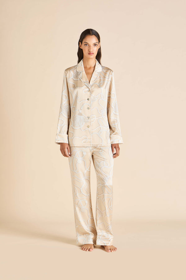 olivia von halle Lila Pearl Pink Jewel Pajamas in Silk Satin Pink