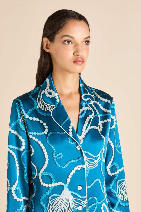 Olivia Von Halle Lila Periwinkle Blue Jewel Pajamas In Silk Satin Blue