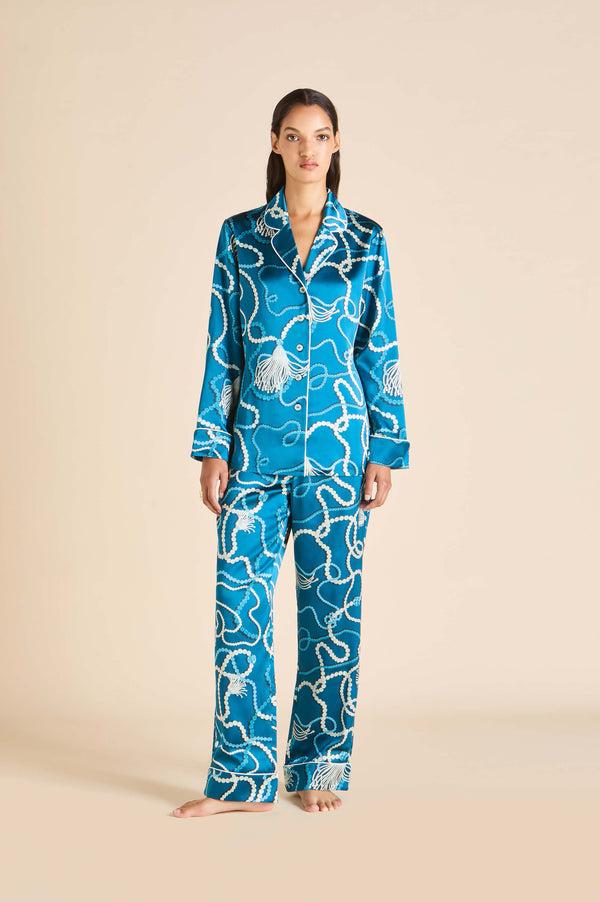 olivia von halle Lila Periwinkle Blue Jewel Pajamas in Silk Satin Blue