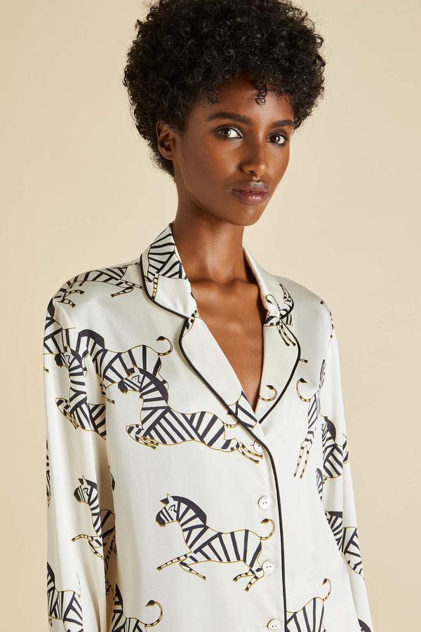 Olivia Von Halle Lila Zebedee Ivory Pajamas In Silk Satin Ivory