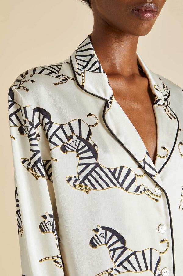 Olivia Von Halle Lila Zebedee Ivory Pajamas In Silk Satin Ivory