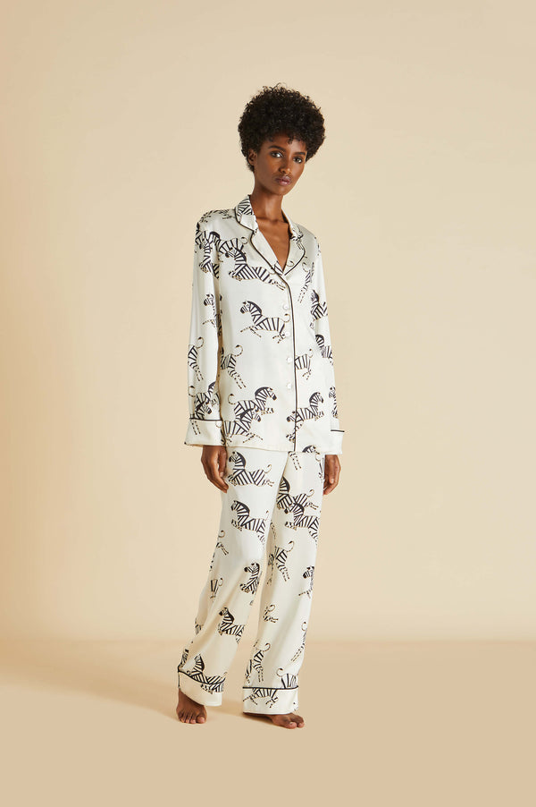 olivia von halle Lila Zebedee Ivory Pajamas in Silk Satin Ivory