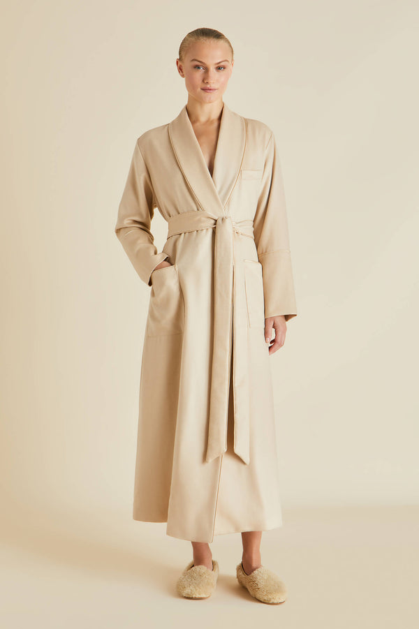 Olivia Von Halle Logan Muscat Beige Robe In Cashmere Beige
