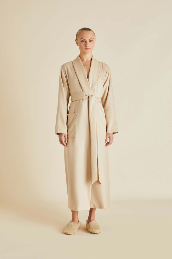 olivia von halle Logan Muscat Beige Robe in Cashmere Beige