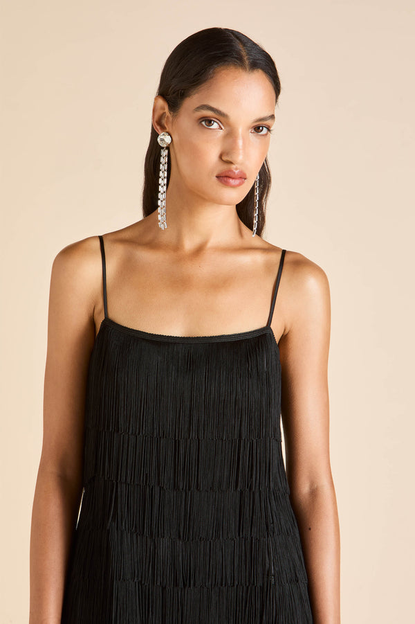 Olivia Von Halle Lola Valentina Black Fringe Slip Dress In Silk Satin Black