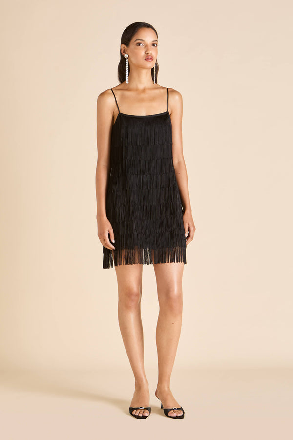 Olivia Von Halle Lola Valentina Black Fringe Slip Dress In Silk Satin Black
