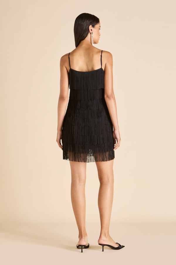 Olivia Von Halle Lola Valentina Black Fringe Slip Dress In Silk Satin Black