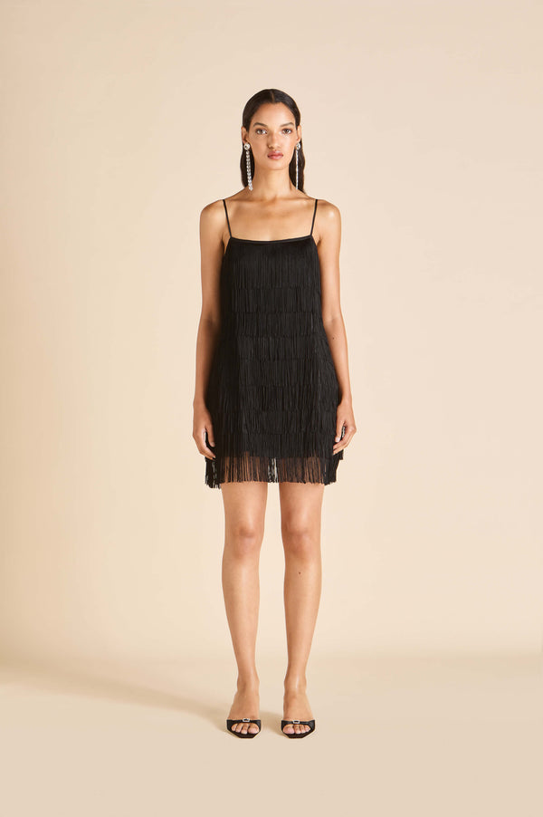 olivia von halle Lola Valentina Black Fringe Slip Dress in Silk Satin Black olivia von halle Lola Valentina Black Fringe Slip Dress in Silk Satin Black