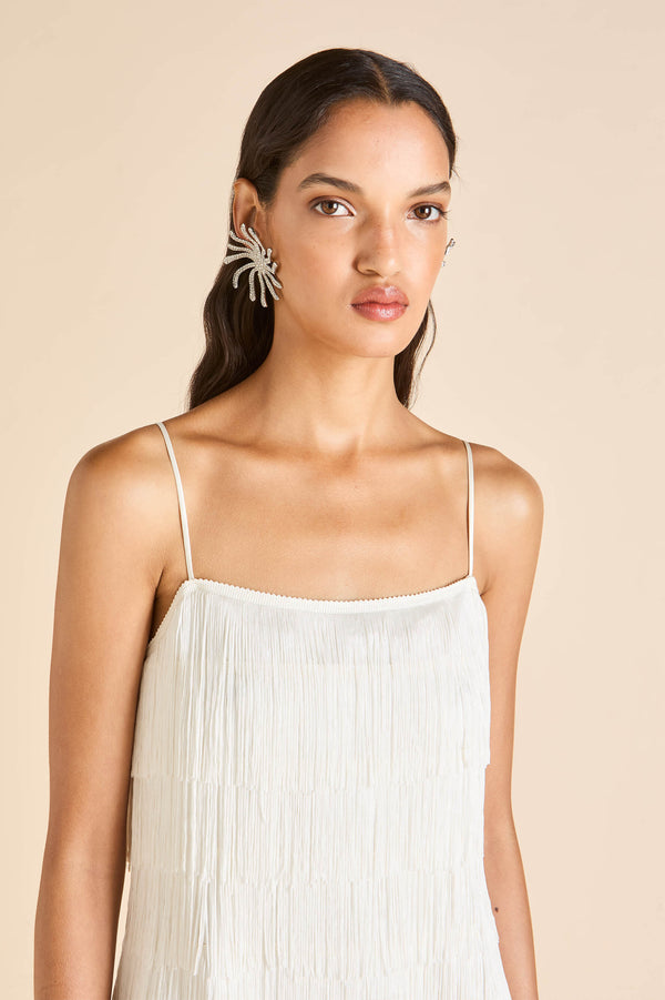 Olivia Von Halle Lola Vivienne Ivory Fringe Slip Dress In Silk Satin Ivory