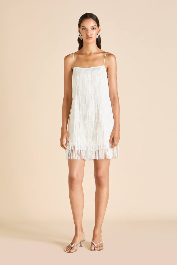 Olivia Von Halle Lola Vivienne Ivory Fringe Slip Dress In Silk Satin Ivory