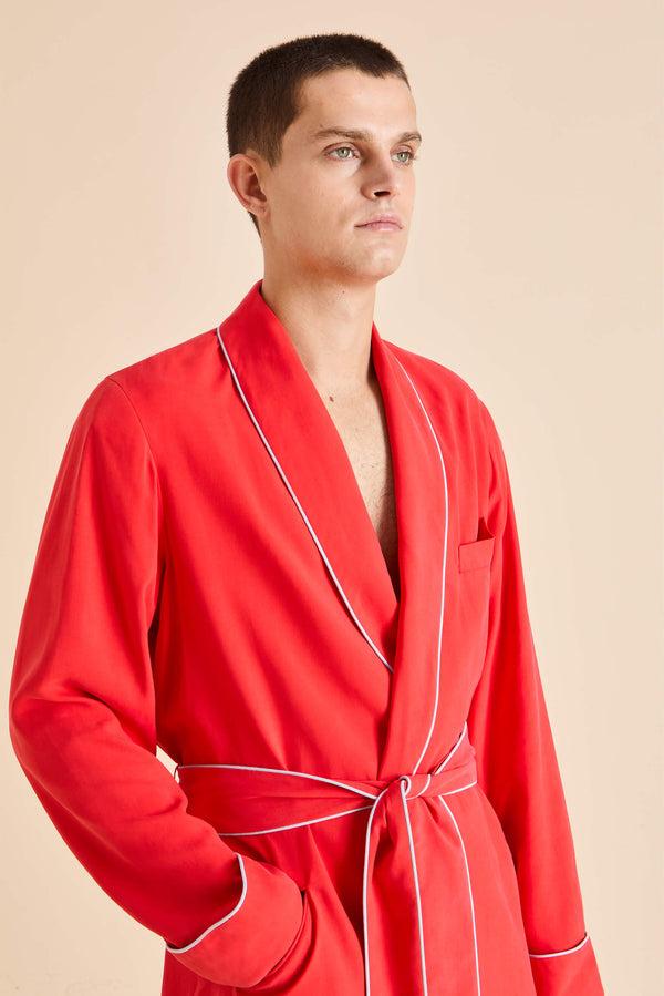 Olivia Von Halle Mescal Crimson Red Robe In Sandwashed Silk Red