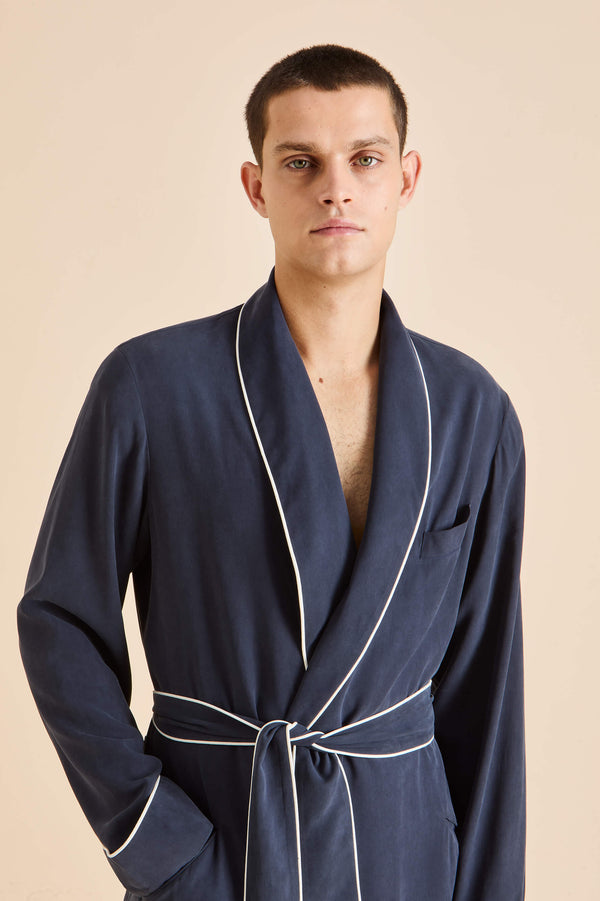 Olivia Von Halle Mescal Navy Robe In Sandwashed Silk Navy
