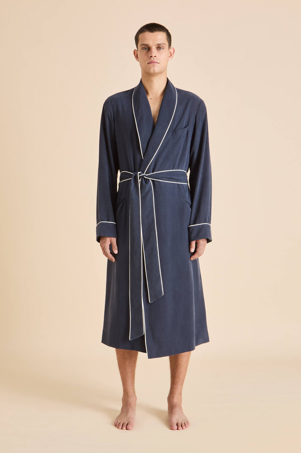 Olivia Von Halle Mescal Navy Robe In Sandwashed Silk Navy