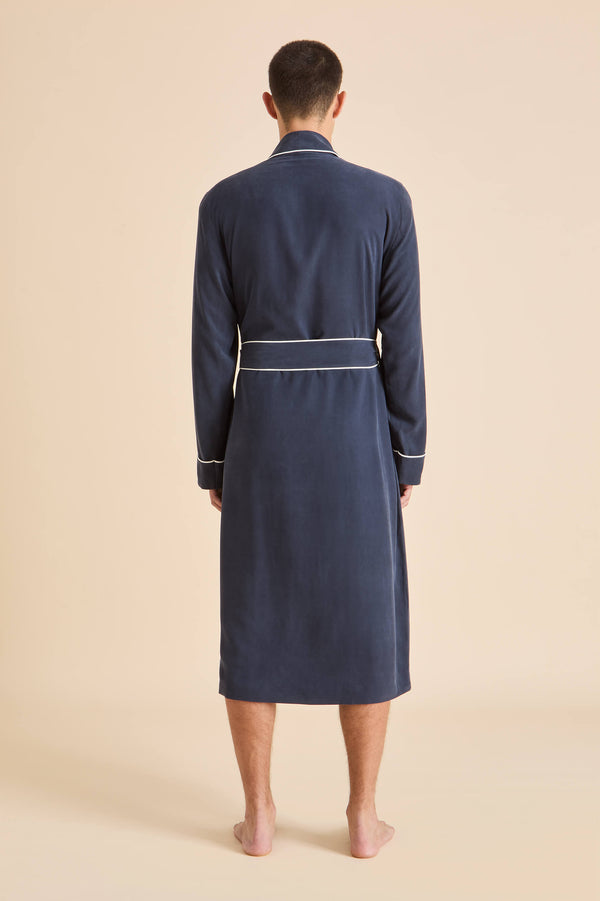 Olivia Von Halle Mescal Navy Robe In Sandwashed Silk Navy