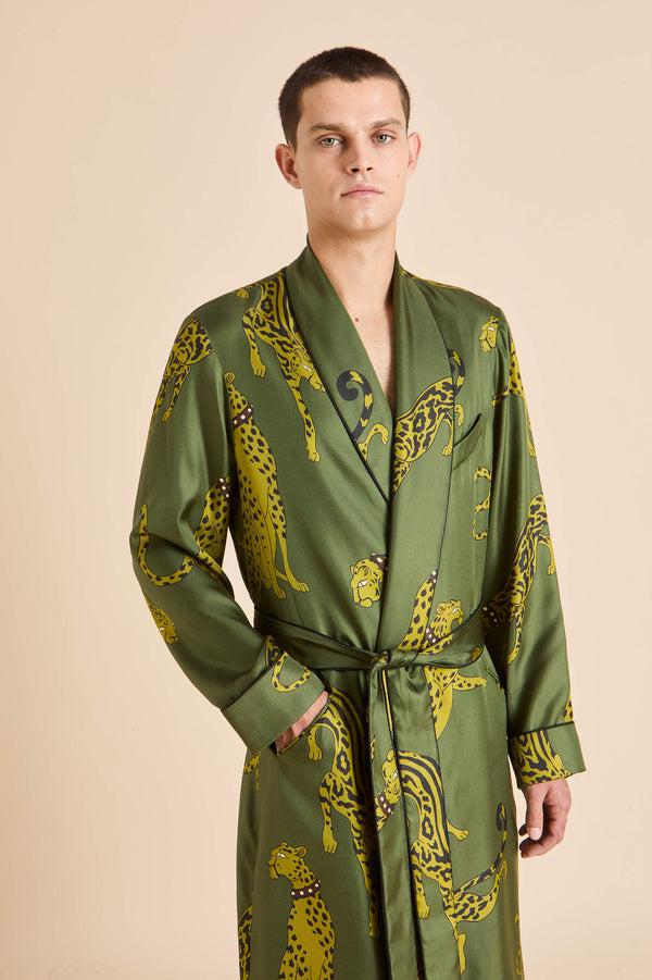 Olivia Von Halle Mescal Nyra Green Leopard Robe In Silk Twill Green
