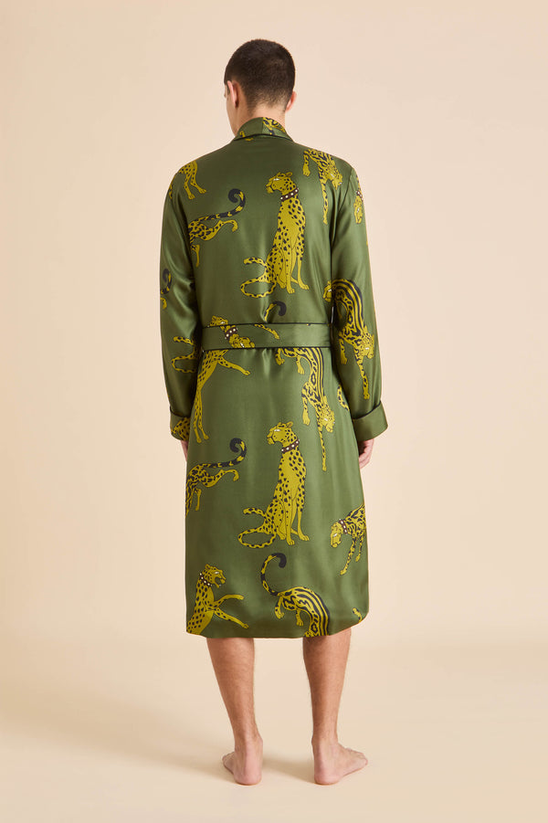 Olivia Von Halle Mescal Nyra Green Leopard Robe In Silk Twill Green