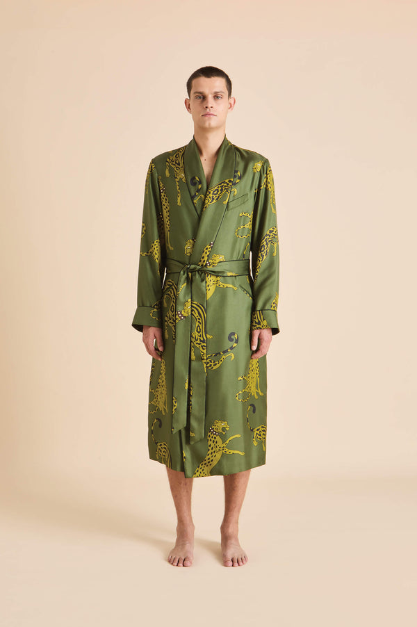 olivia von halle Mescal Nyra Green Leopard Robe in Silk Twill Green olivia von halle Mescal Nyra Green Leopard Robe in Silk Twill Green