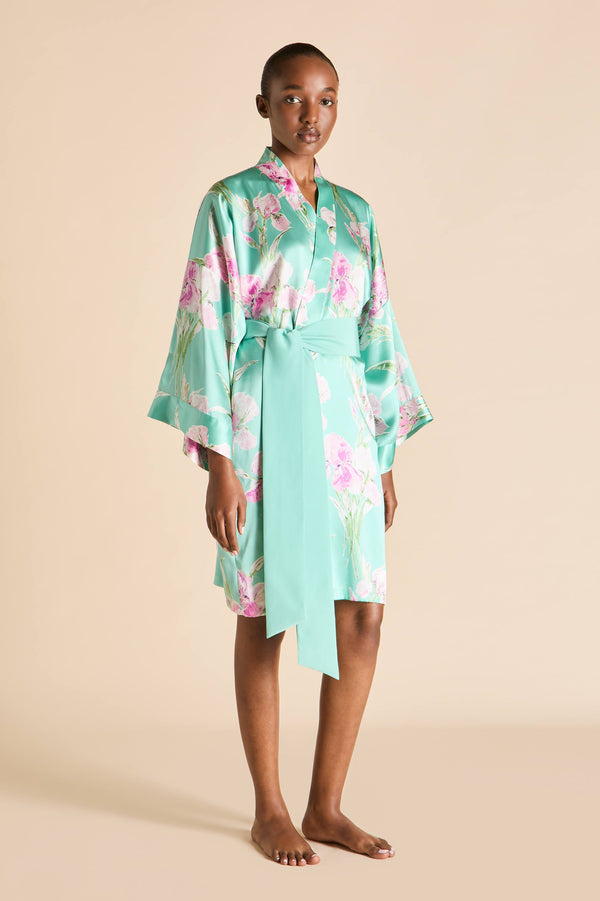 Olivia Von Halle Mimi Abalone Turquoise Floral Robe In Silk Satin Blue