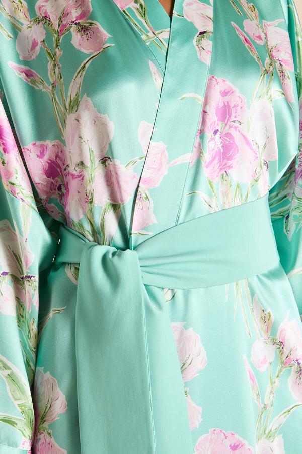 Olivia Von Halle Mimi Abalone Turquoise Floral Robe In Silk Satin Blue