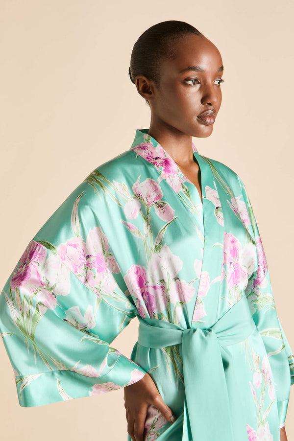Olivia Von Halle Mimi Abalone Turquoise Floral Robe In Silk Satin Blue