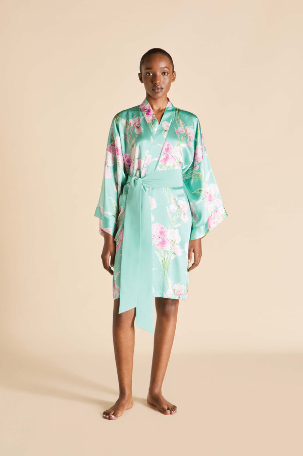 olivia von halle Mimi Abalone Turquoise Floral Robe in Silk Satin Blue olivia von halle Mimi Abalone Turquoise Floral Robe in Silk Satin Blue