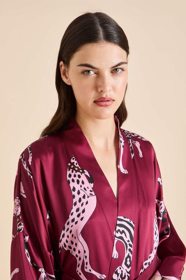 Olivia Von Halle Mimi Cherie Red Leopard Robe In Silk Satin Red