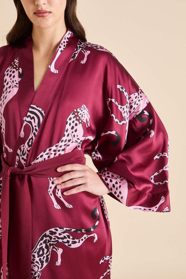 Olivia Von Halle Mimi Cherie Red Leopard Robe In Silk Satin Red