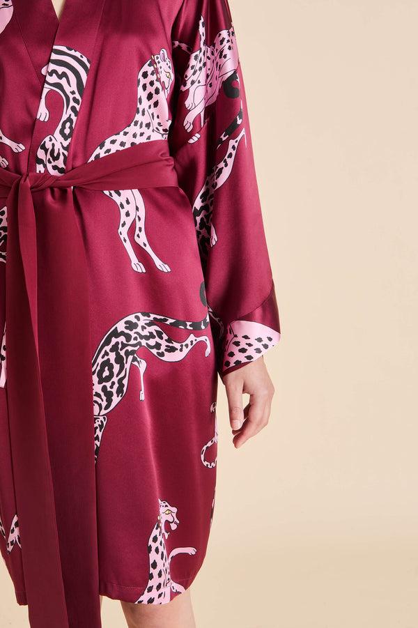 Olivia Von Halle Mimi Cherie Red Leopard Robe In Silk Satin Red