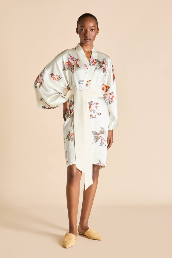 Olivia Von Halle Mimi Cora Ivory Goldfish Robe In Silk Satin Ivory