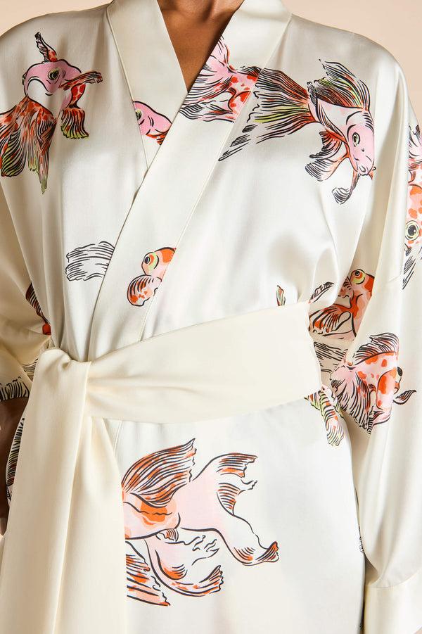 Olivia Von Halle Mimi Cora Ivory Goldfish Robe In Silk Satin Ivory