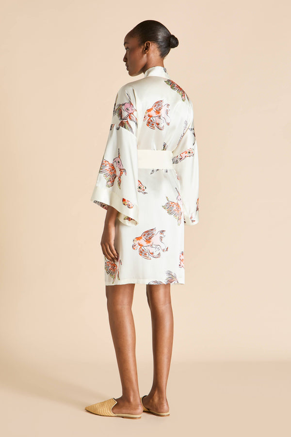 Olivia Von Halle Mimi Cora Ivory Goldfish Robe In Silk Satin Ivory