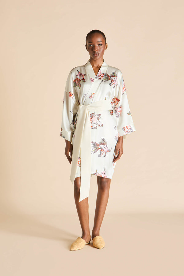 olivia von halle Mimi Cora Ivory Goldfish Robe in Silk Satin Ivory olivia von halle Mimi Cora Ivory Goldfish Robe in Silk Satin Ivory