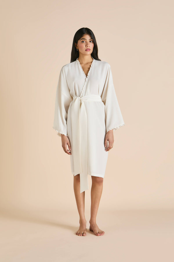 olivia von halle Mimi Ivory Frilled Robe in Silk Crêpe de Chine Ivory