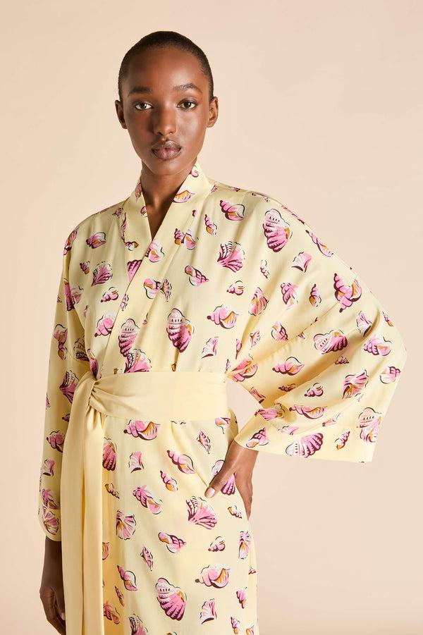 Olivia Von Halle Mimi Junonia Yellow Seashell Robe In Silk Crêpe De Chine Yellow