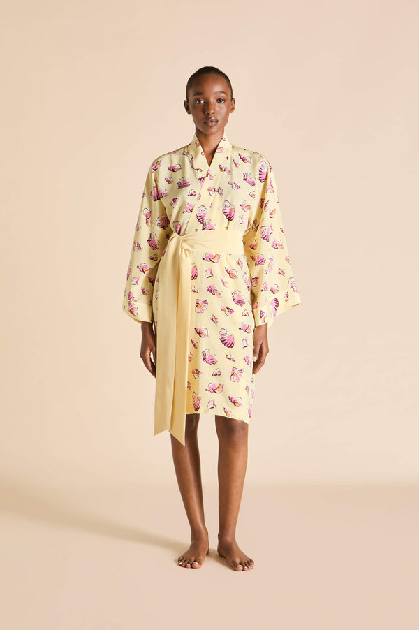 olivia von halle Mimi Junonia Yellow Seashell Robe in Silk Crêpe de Chine Yellow