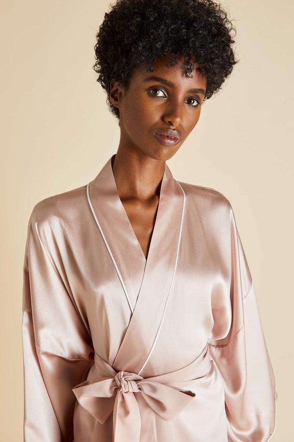 Olivia Von Halle Mimi Oyster Ivory Robe In Silk Satin Oyster