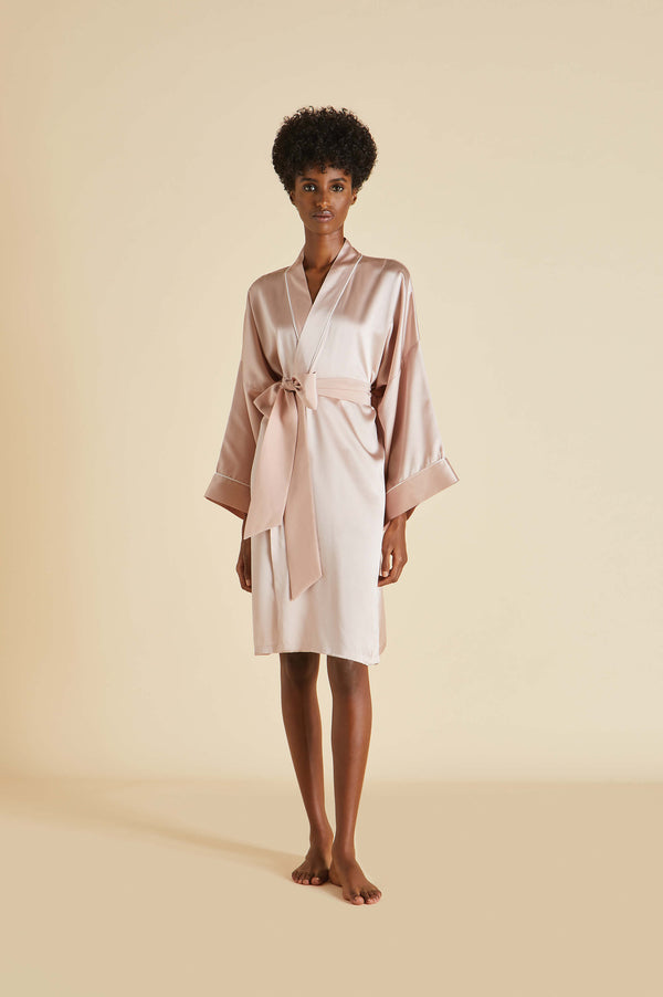olivia von halle Mimi Oyster Ivory Robe in Silk Satin Oyster