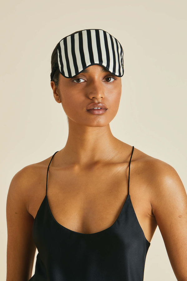 olivia von halle Nika Black and Ivory Eye Mask in Silk Satin Black