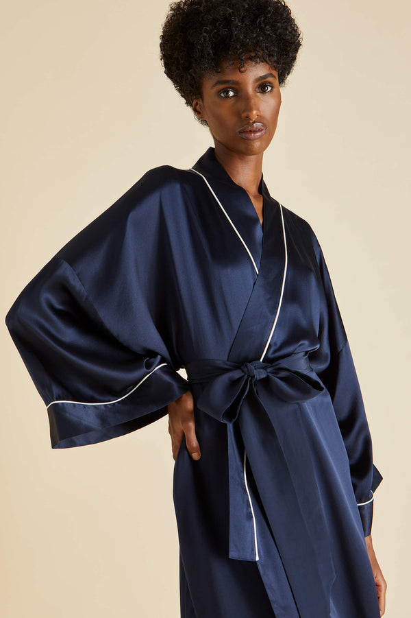 Olivia Von Halle Mimi Navy Robe In Silk Satin Navy