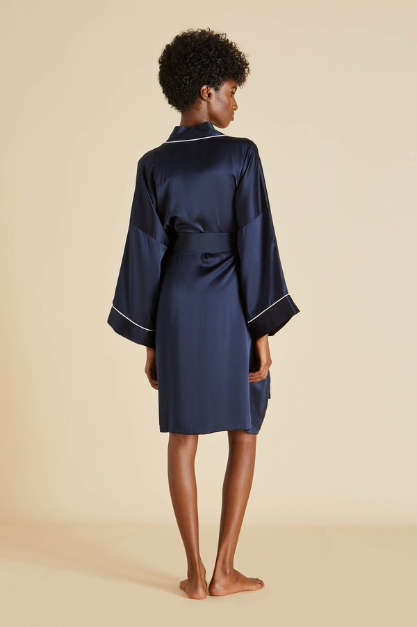 Olivia Von Halle Mimi Navy Robe In Silk Satin Navy