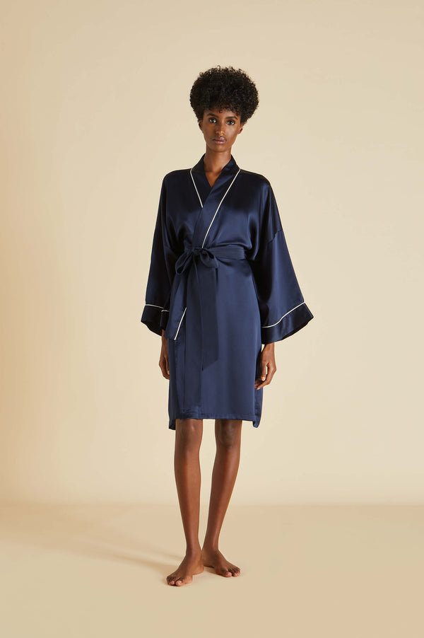 olivia von halle Mimi Navy Robe in Silk Satin Navy