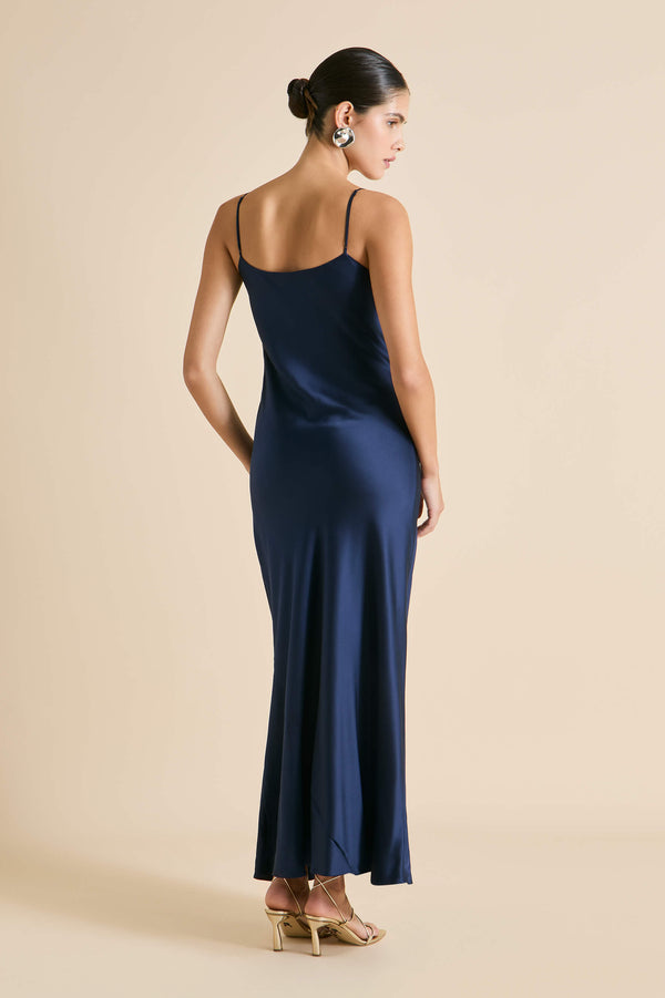 Olivia Von Halle Olympia Harmonies Navy Embellished Dress In Silk Satin Navy