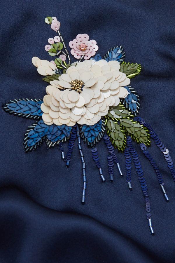 Olivia Von Halle Olympia Harmonies Navy Embellished Dress In Silk Satin Navy