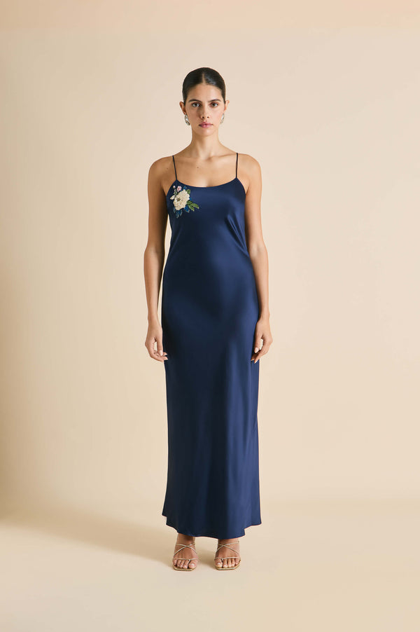 olivia von halle Olympia Harmonies Navy Embellished Dress in Silk Satin Navy