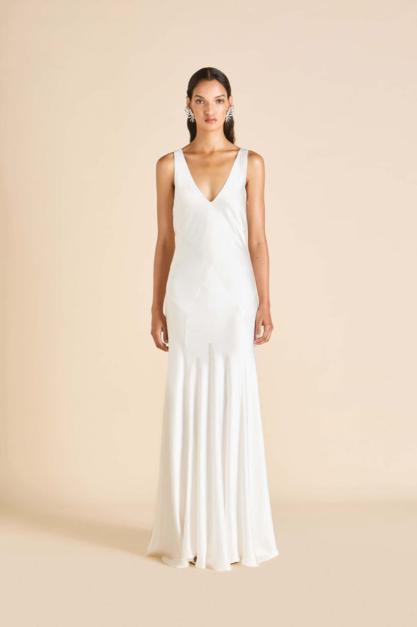 olivia von halle Paloma Ivory Dress in Silk Satin Ivory