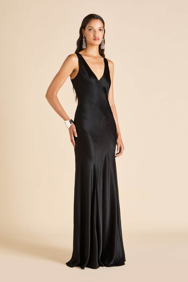 Olivia Von Halle Paloma Jet Black Dress In Silk Satin Black