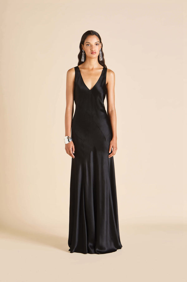 olivia von halle Paloma Jet Black Dress in Silk Satin Black